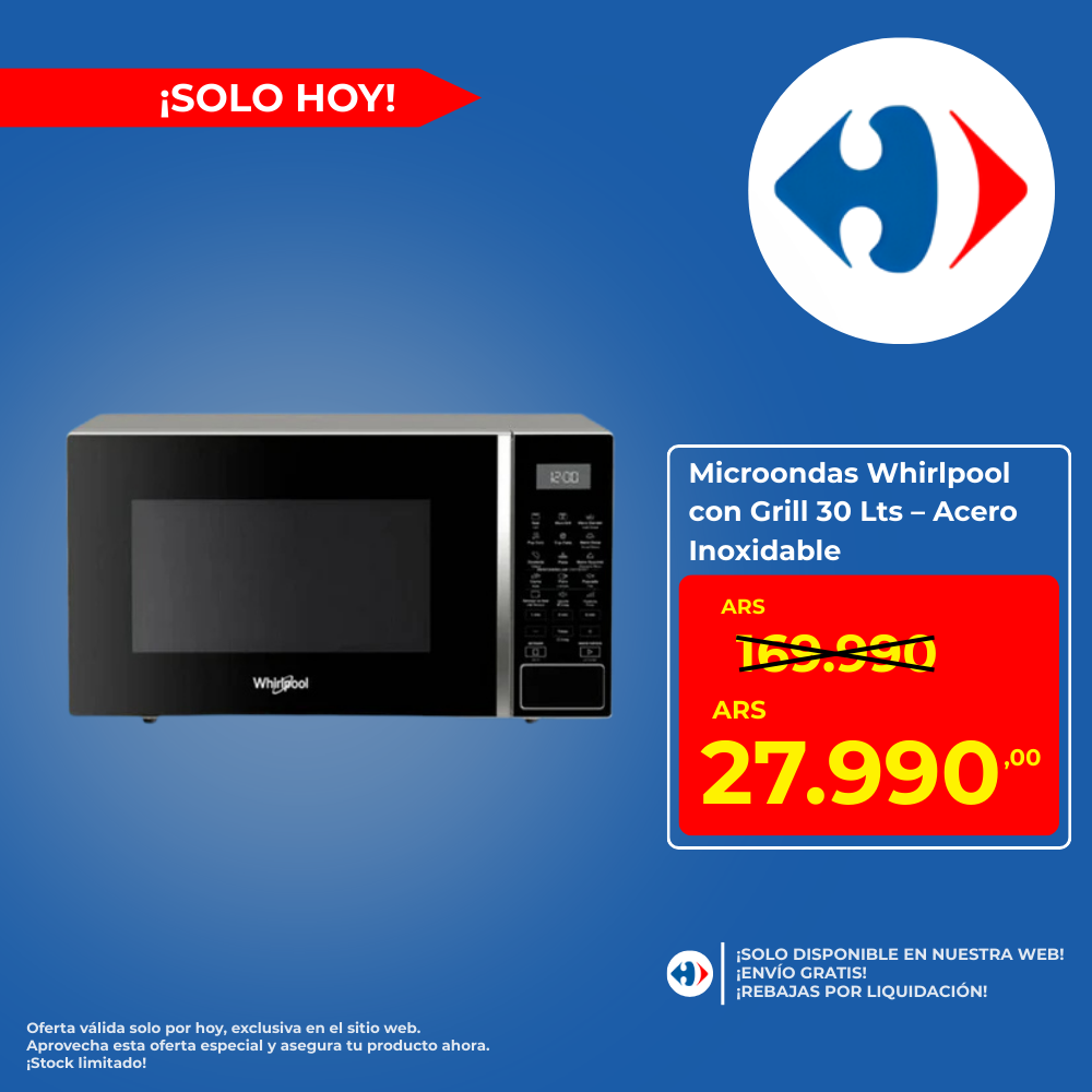 Microondas Whirlpool con Grill 30 Lts – Acero Inoxidable
