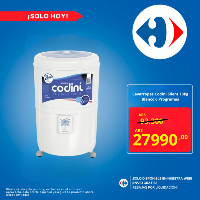 Lavarropas Codini Silent 10kg Blanco 6 Programas