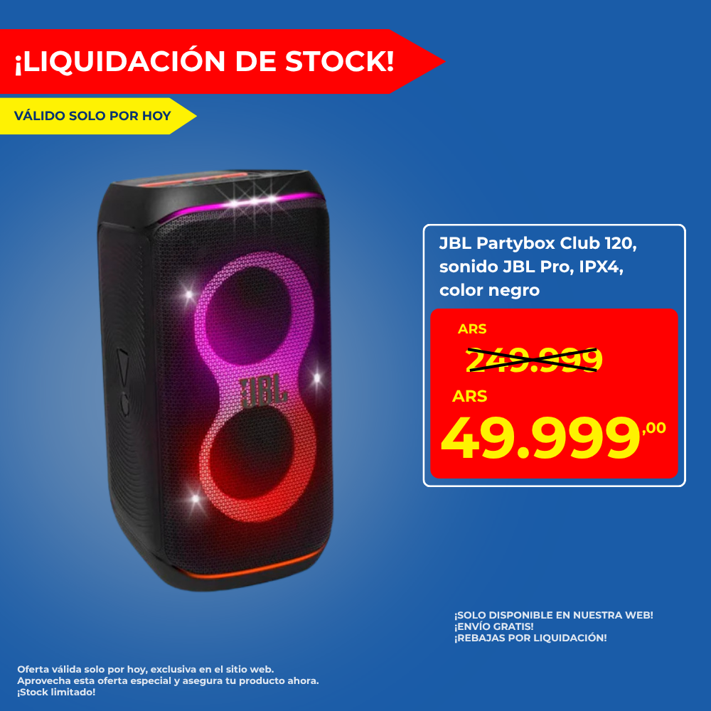 JBL Partybox Club 120, altavoz portátil para fiestas, asa plegable ergonómica, sonido JBL Pro, luces, 12 horas de batería, resistente a salpicaduras IPX4, color negro